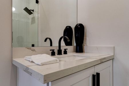 Master bath vanity w/ custom cabinetry & quartz counters in crisp black & white.