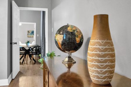 Decorative globe & woven textures add a well-traveled, eclectic vibe to the space.