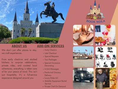 Informational collage — local tips & add-on services to make your stay effortless.