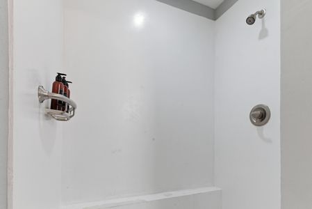 Sleek shower w/ minimalist modern finishes.