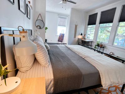 Soft pillows & layered bedding invite you to slow down & rest.