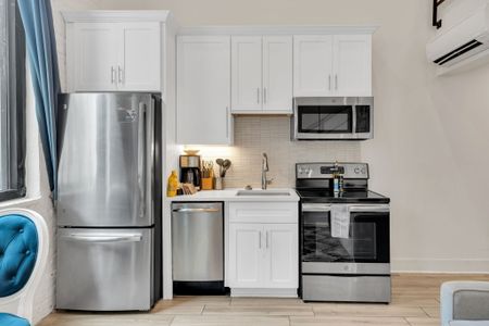 Modern kitchen w/ stainless steel appliances, ready for home-cooked meals.
