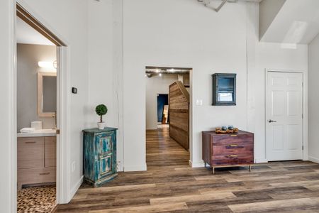 Vintage blue cabinet and wood dresser accents