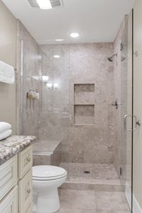 Tiled shower with built-in shelves