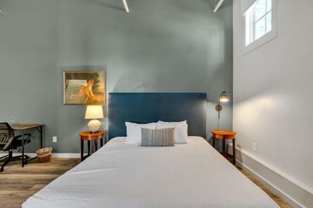 Slate blue retreat with golden lamplight