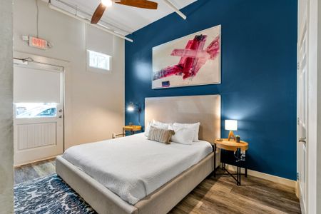 Navy and white bedroom with a modern edge
