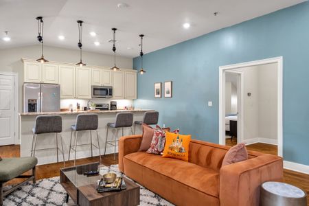 Burnt orange velvet and sky blue walls set the mood