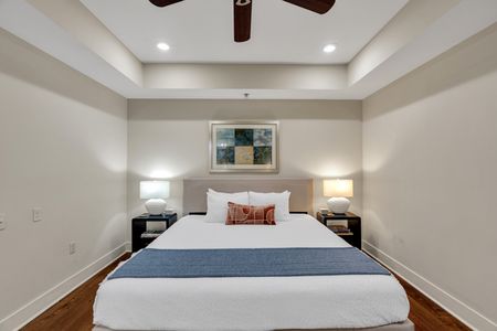 Serene bedroom with crisp linens and warm accents