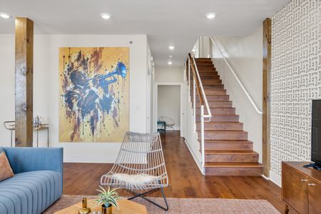 Bold abstract art greets you at the stairs