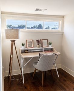 Sunlit workspace with a garden view