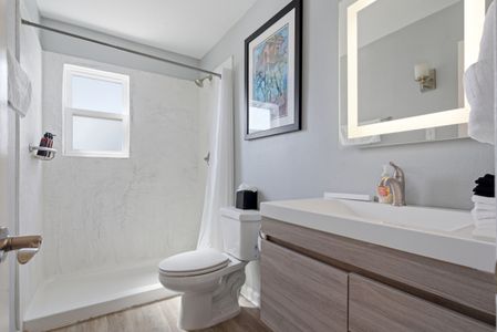 Fresh, clean bathroom stocked w/ essentials to refresh & recharge.