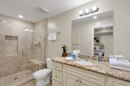 Glass shower and dual-toned stone finishes