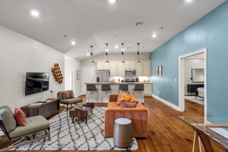 Open living with bold color and wine on display