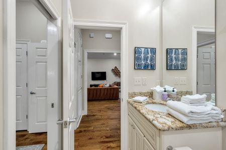 Bath vanity with a peek into the living room