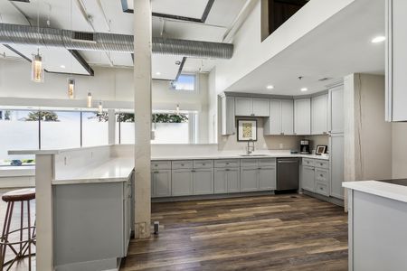 Sleek kitchen w/ gray cabinets, white counters & stainless dishwasher.