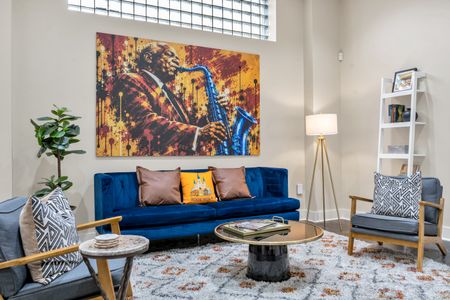Bold local art meets plush blue velvet