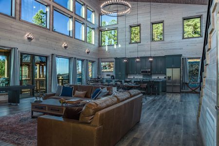 Open-plan cabin living area with leather seating and green kitchen cabinets