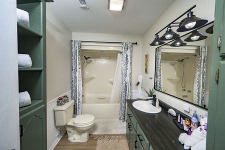 Cozy cabin bathroom interior featuring a modern vanity, shower, and shelving, offering comfort and convenience