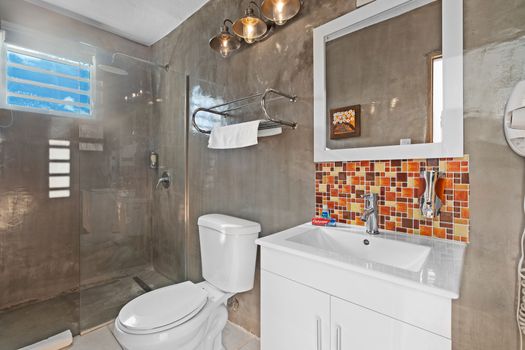 Find comfort in a well-illuminated bathroom furnished with modern fixtures and a generous shower space.