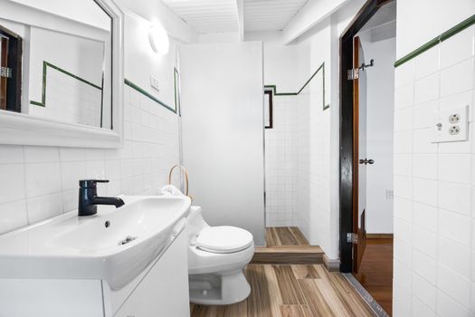 Minimalist and clean – bathroom essentials with mirror and walk-in shower.