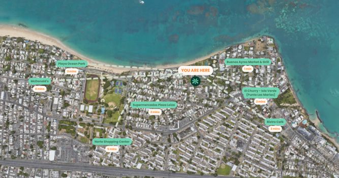A map of Terrace showcasing its vibrant features: a cozy café, stylish restaurant, and beautiful beach.