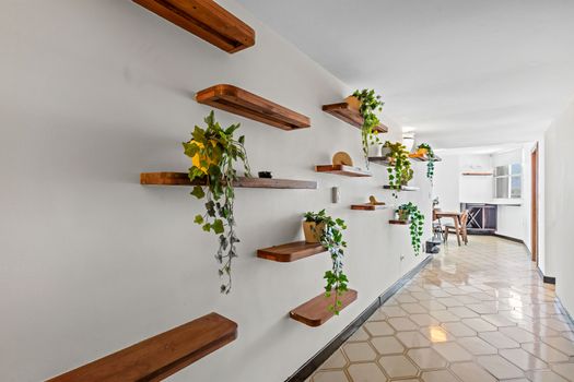 A warm welcome awaits! The inviting hallway, adorned with charming floating shelves and lush greenery, sets a delightful tone for your stay from the moment you arrive.