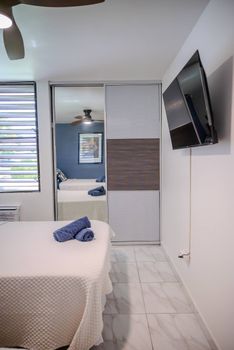 This well-appointed room offers comfort and convenience with a mounted flat-screen TV for entertainment, ample storage in the sliding mirror closet, and a ceiling fan for comfort. Perfect for a relaxing stay.