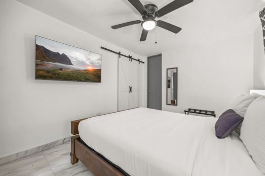 Cozy bedroom with a large TV and stylish barn doors.