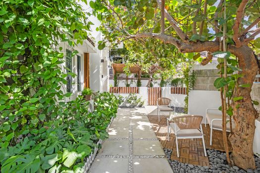Immerse yourself in nature with beautiful foliage lining the peaceful path.