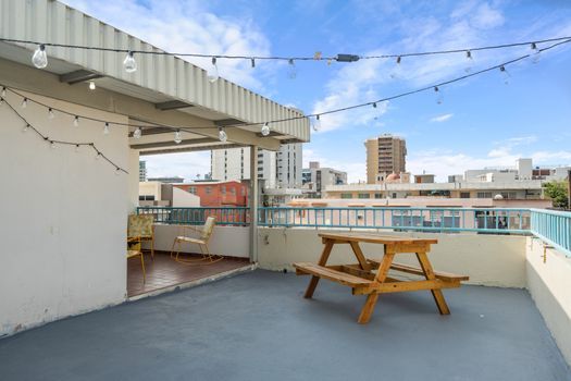 Modern, spacious balcony with breathtaking cityscape views.