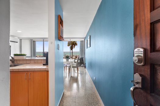 Entryway view of open-concept living space with partial kitchen, leading to dining area, ocean balcony, and natural light.