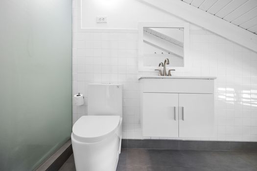 Sparkling Clean Bathroom with Remarkable Vanity. Step into a refreshing oasis with this pristine white bathroom.