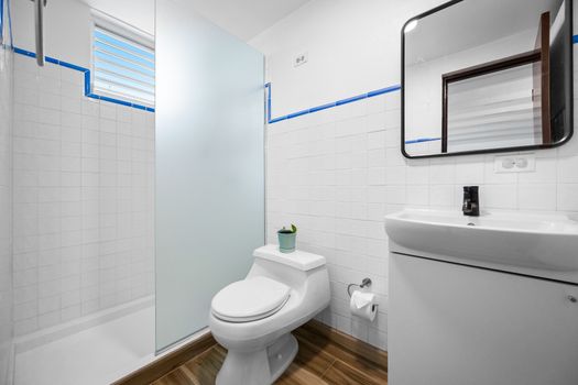 Sparkling clean bathroom with a spacious shower and modern mirror – your fresh start each day.