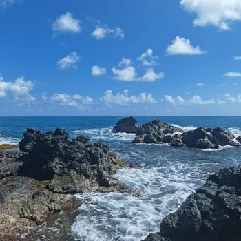 Panoramic oceanfront beauty: azure waters, rolling waves, and verdant cliffs under a captivating sky.