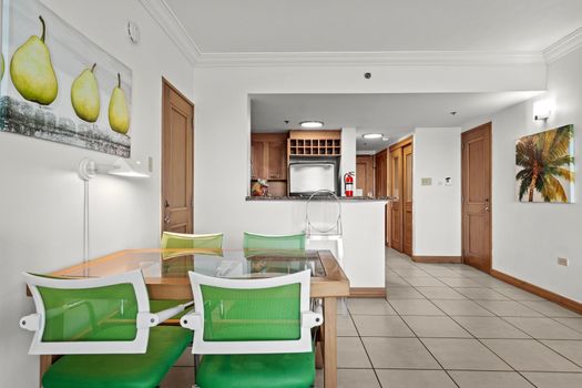 Comfortable dining area with vibrant seating, perfect for meals or catching up on work.
