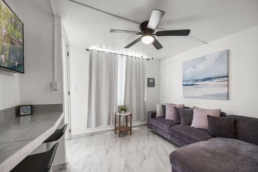 Modern decor and plenty of natural light.