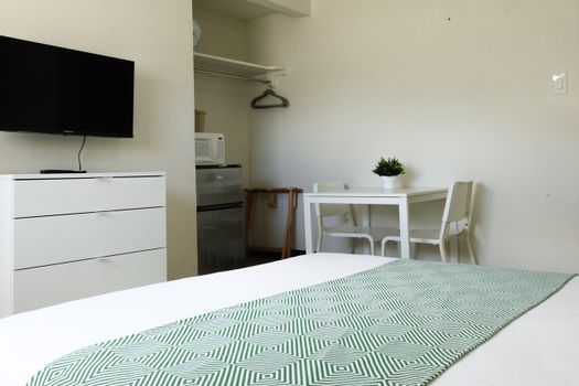 Enjoy the convenience of a studio setup, featuring a cozy sleeping area, a functional dining table for meals or work, and ample space for a comfortable stay.