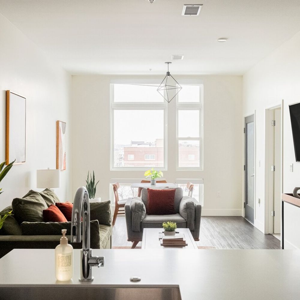 Living room has a TV with capability to connect to streaming services