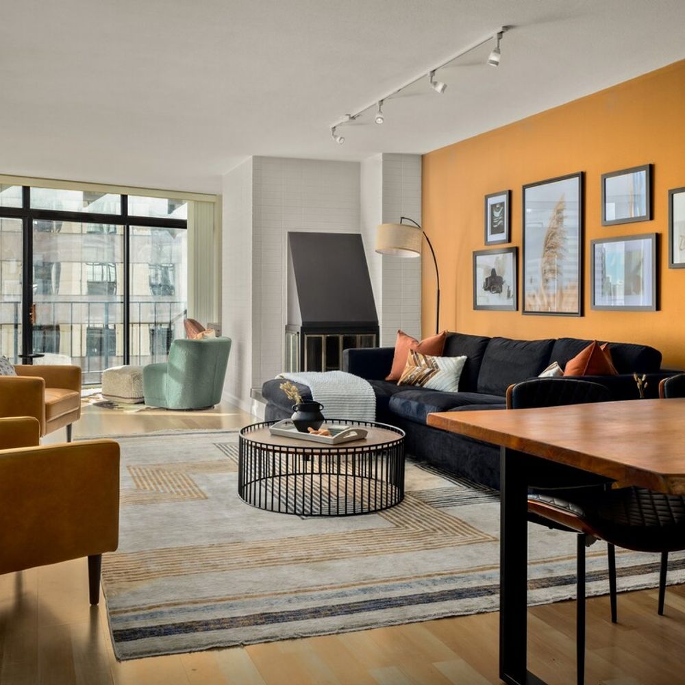 Living area and dining space (The fireplace is non-operational)