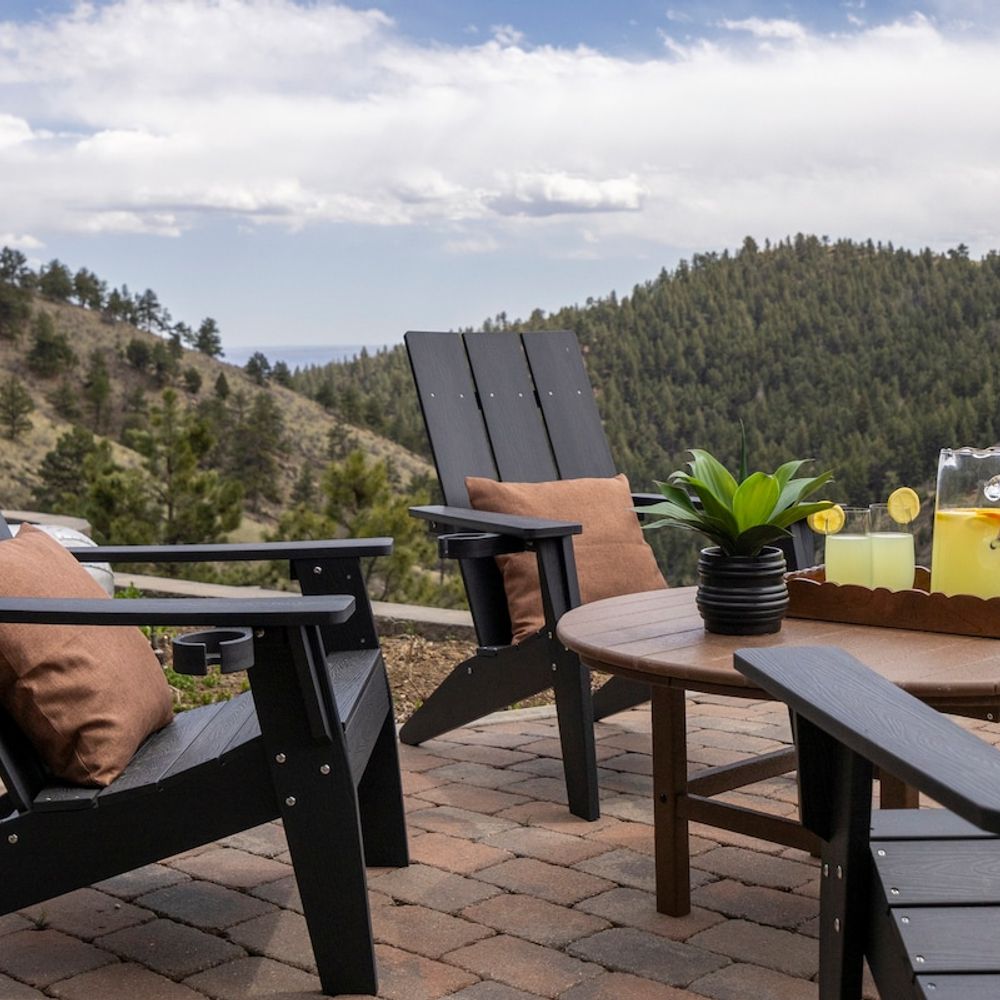 Outdoor seating with views of Apex Park