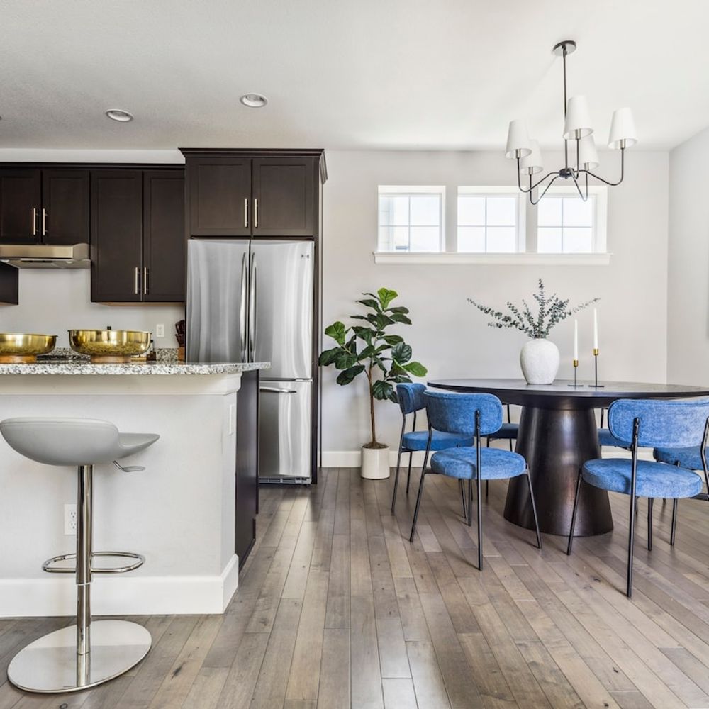 The dining area is past the kitchen
