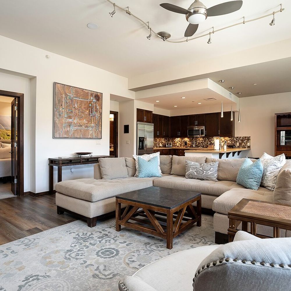 Living area and kitchen