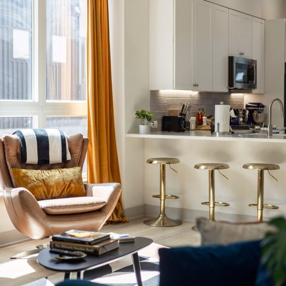 Living area seating and kitchen counter seating