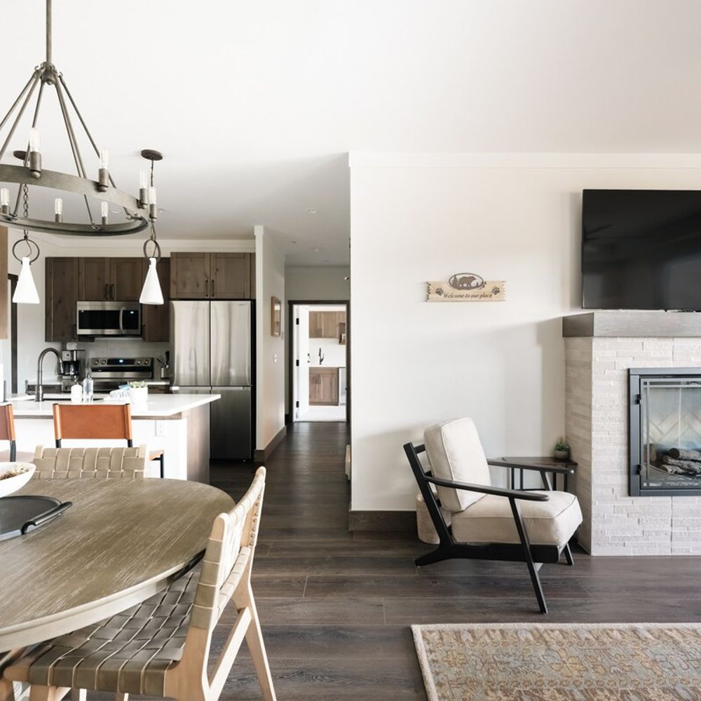 Dining, kitchen, and living areas