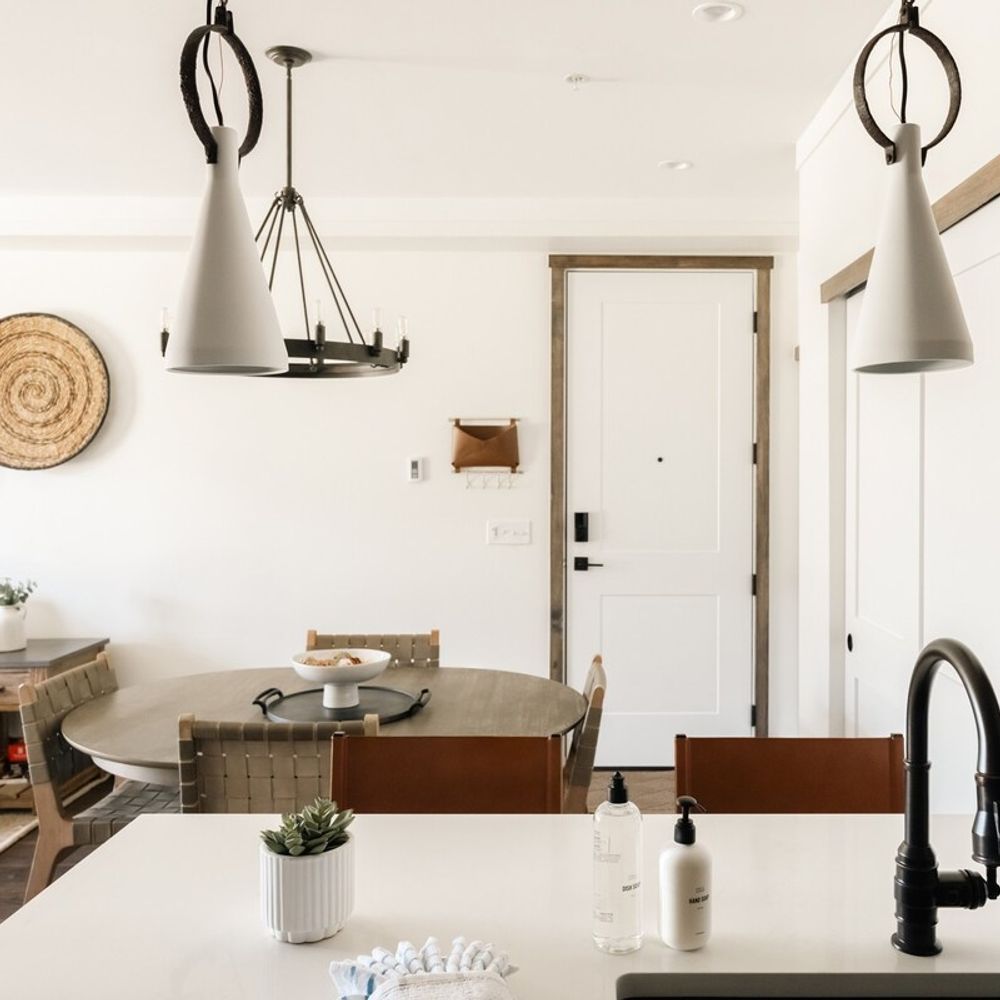 Kitchen and dining areas with entry