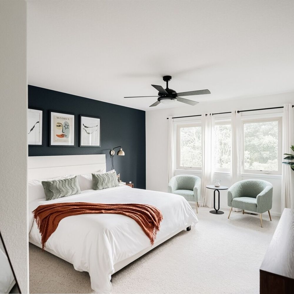 Primary bedroom with king bed (now has an updated headboard)