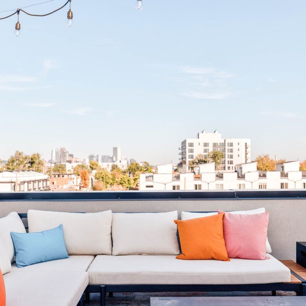 Rooftop lounge with city skyline views
