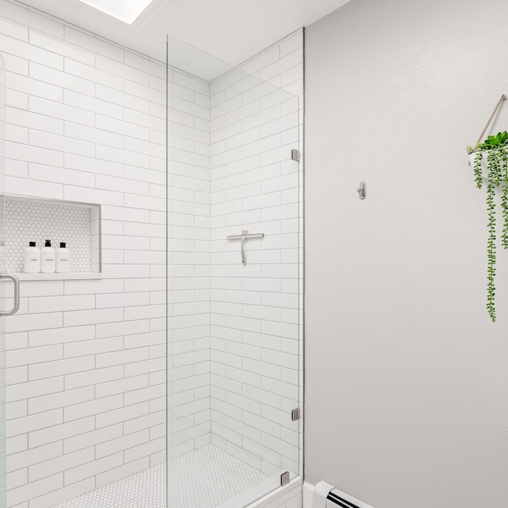 Walk-in glass shower with tons of natural light