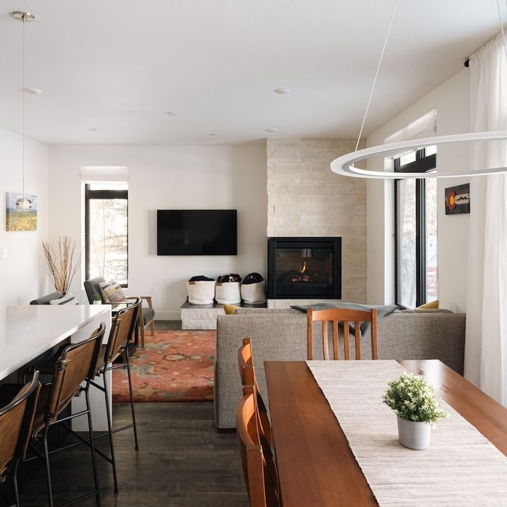 Kitchen, living area, and dining area