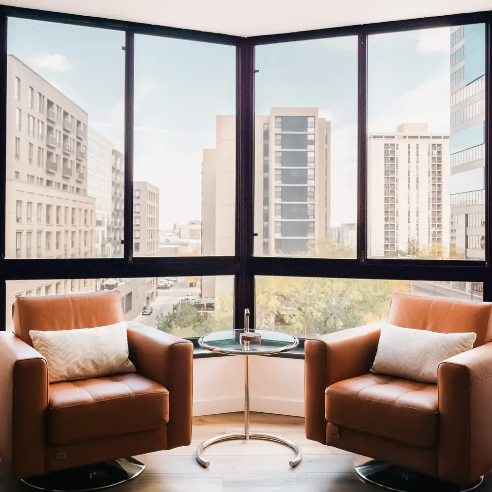 Bay window seating overlooking Downtown Denver